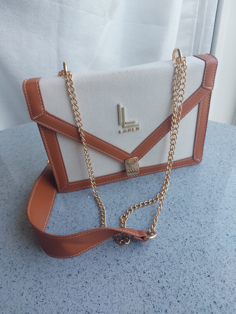 Canvas and Tan Leather Crossbody Bag with Gold Chain